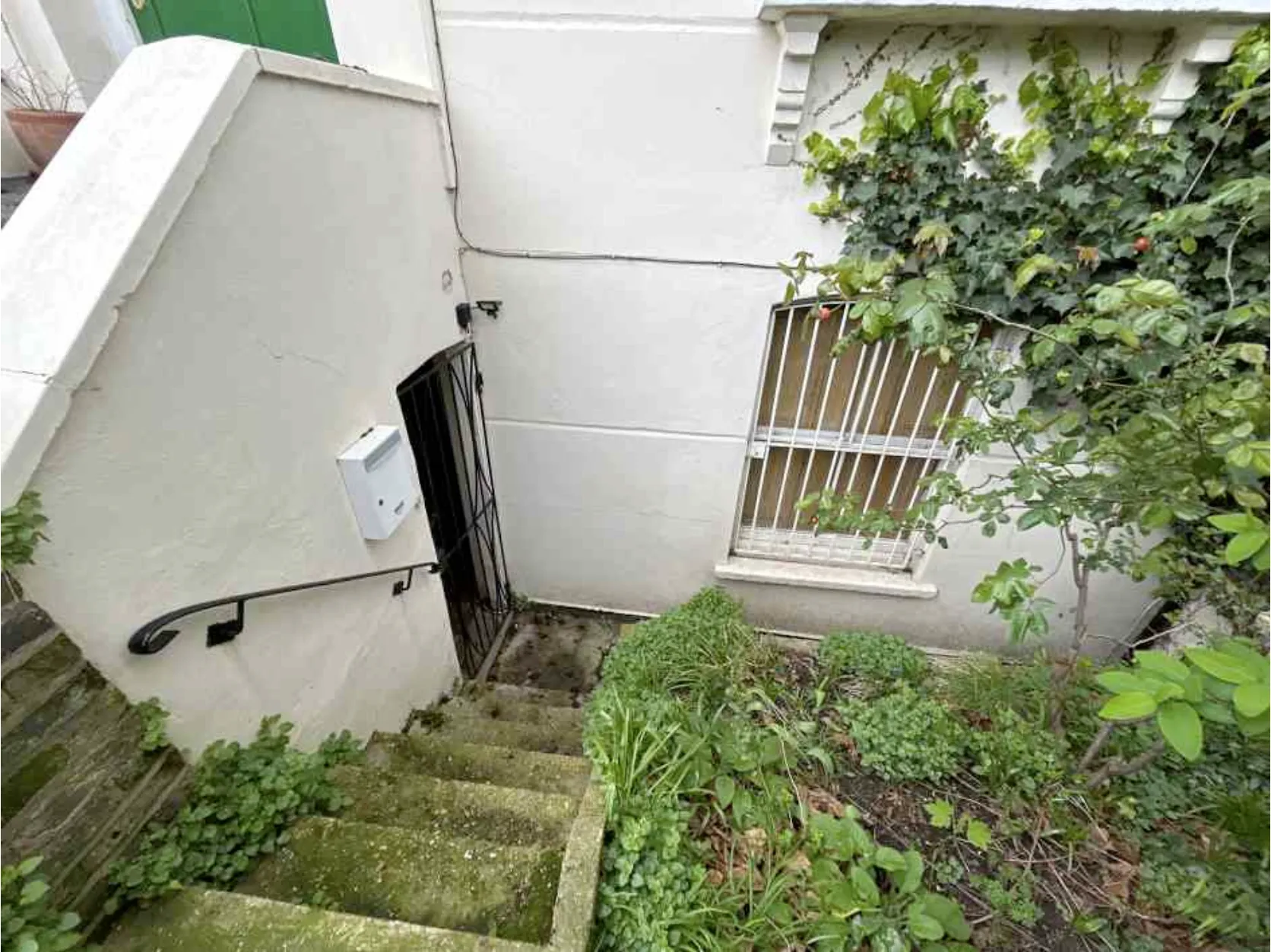 The front of the property at lower ground level, showing the sash window and the steps down to the entrance
