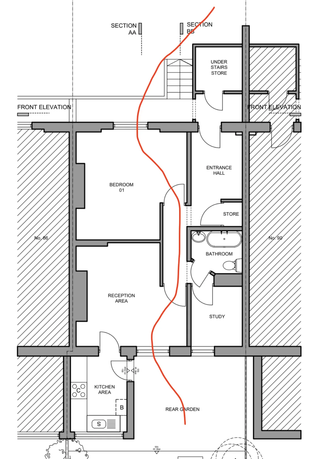 Floor plan of the ground floor with a red line drawn through it, entering at the front elevation, crossing the bedroom and reception area and exiting to the rear garden
