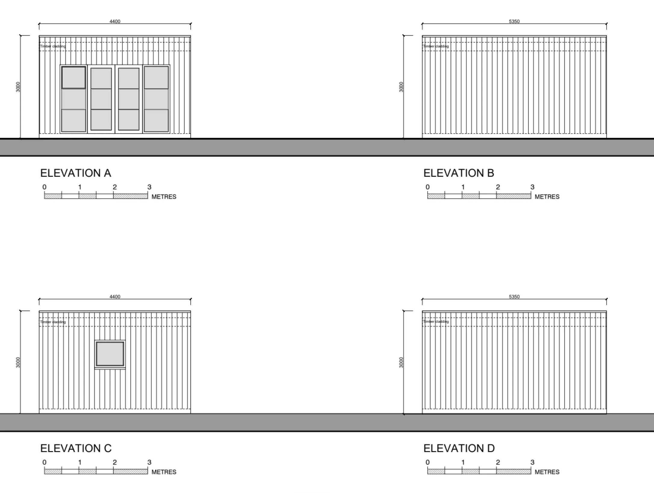 The approved planning elevations A to D, showing a 4400mm by 5350mm building 3000mm tall with flat sides and no roof overhang